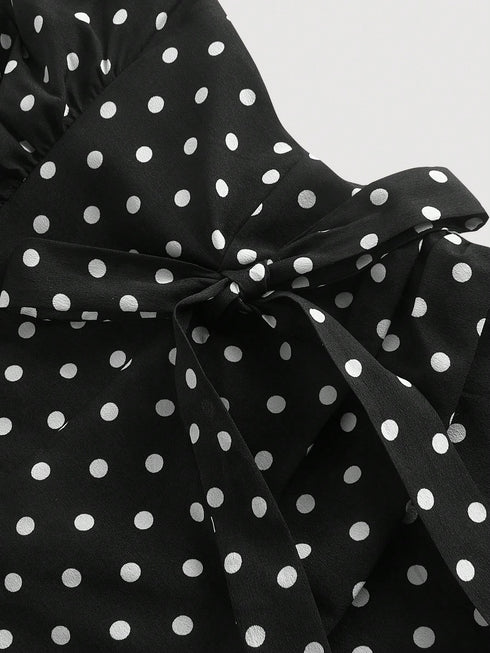 SHEIN MOD Neck Halter Gather Waist Ruffled Hem Polka Dot Dress,Streetwear ,Rave,Romantic ,Summer00