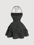 SHEIN MOD Neck Halter Gather Waist Ruffled Hem Polka Dot Dress,Streetwear ,Rave,Romantic ,Summer