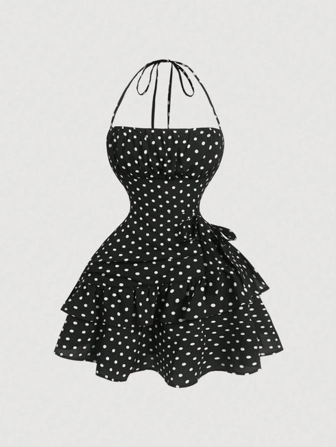 SHEIN MOD Neck Halter Gather Waist Ruffled Hem Polka Dot Dress,Streetwear ,Rave,Romantic ,Summer0