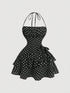 SHEIN MOD Neck Halter Gather Waist Ruffled Hem Polka Dot Dress,Streetwear ,Rave,Romantic ,Summer0