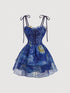 SHEIN MOD Van Gogh Starry Night Chiffon Mini Dress,Blue And Yellow Striped,Summer,2010s,Tea Party, Layered Skirt,Tie Strap Sweetheart Neck A-Line Dress
