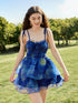 SHEIN MOD Van Gogh Starry Night Chiffon Mini Dress,Blue And Yellow Striped,Summer,2010s,Tea Party, Layered Skirt,Tie Strap Sweetheart Neck A-Line Dress