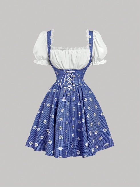 SHEIN MOD Vintage Cute Blue Plaid Patchwork Dress With Puff Sleeves And Cross Tie – Perfect Fo00