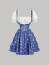 SHEIN MOD Vintage Cute Blue Plaid Patchwork Dress With Puff Sleeves And Cross Tie – Perfect Fo00