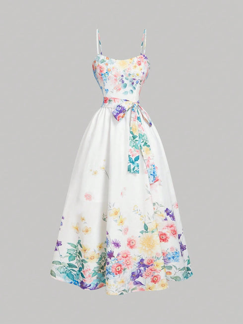 SHEIN MOD White Floral Summer Vintage Tea Party Women's Dress With Bowknot,Boho Wedding Guest Dress,Elegant Multi-Tiered Vacation Outfit,Birthday Concert Attire