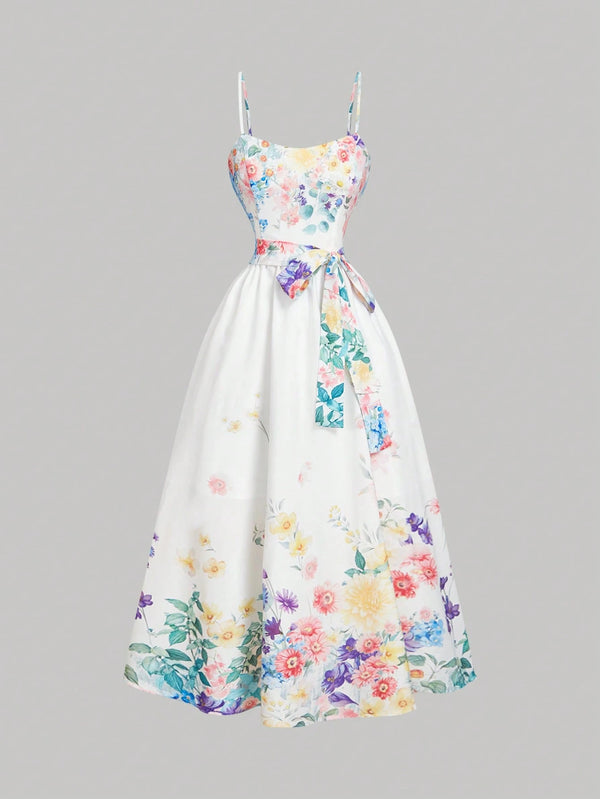 SHEIN MOD White Floral Summer Vintage Tea Party Women's Dress With Bowknot,Boho Wedding Guest Dress,Elegant Multi-Tiered Vacation Outfit,Birthday Concert Attire