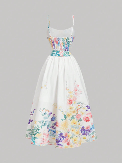 SHEIN MOD White Floral Summer Vintage Tea Party Women's Dress With Bowknot,Boho Wedding Guest Dress,Elegant Multi-Tiered Vacation Outfit,Birthday Concert Attire
