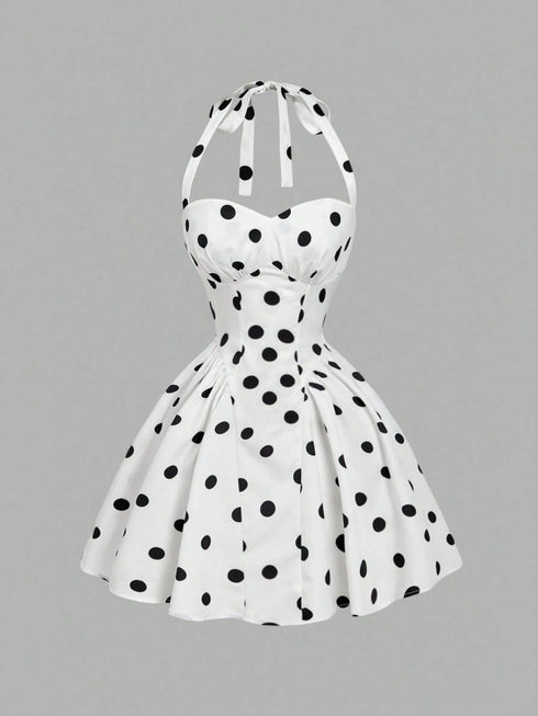 SHEIN MOD Women's Black & White Polka Dot Bandeau Long Dress, Minimalist & Fashionable,1