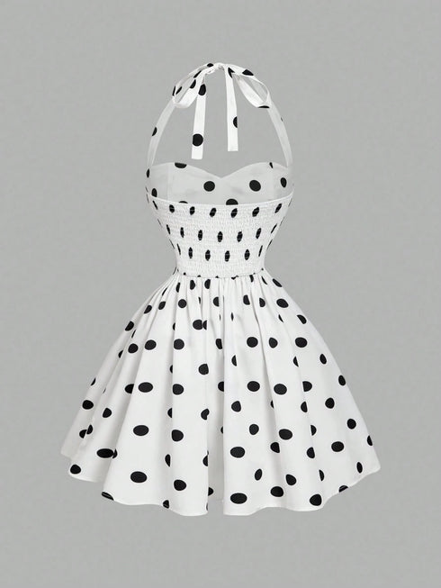 SHEIN MOD Women's Black & White Polka Dot Bandeau Long Dress, Minimalist & Fashionable,