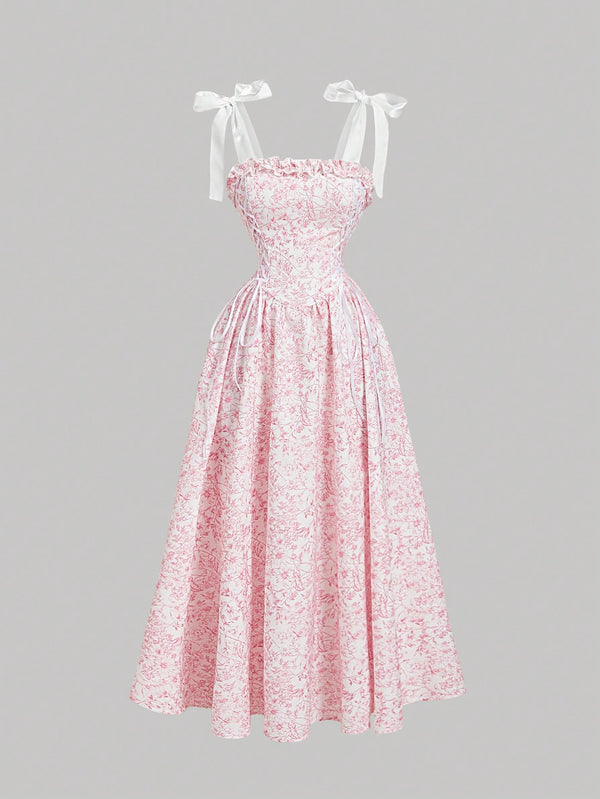 SHEIN MOD Women's Elegant Floral Print Long Dress,White And Pink Summer Cottage Core Tea Party Dress,Bowknot Tie Shoulder Straps Ruffled Graduation Midi Dress