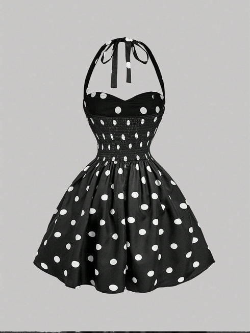 SHEIN MOD Women's Polka Dot Bandeau Long Dress, Minimalist & Fashionable,Polka Dot Dress0