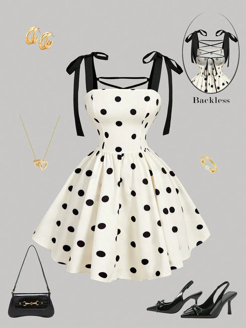 SHEIN MOD Women's Polka Dot Romantic Backless Tie-Up Bowknot Dress, Suitable For Dates00
