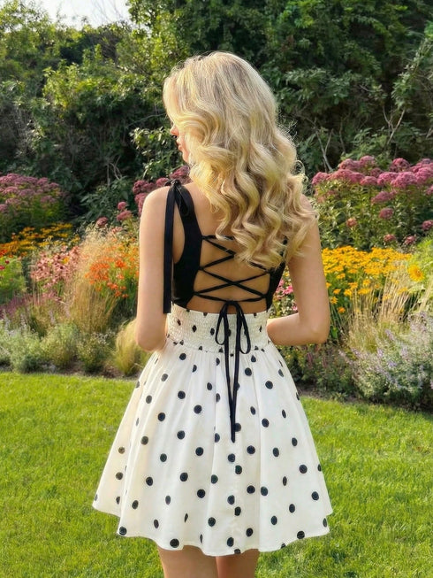 SHEIN MOD Women's Polka Dot Romantic Backless Tie-Up Bowknot Dress, Suitable For Dates0
