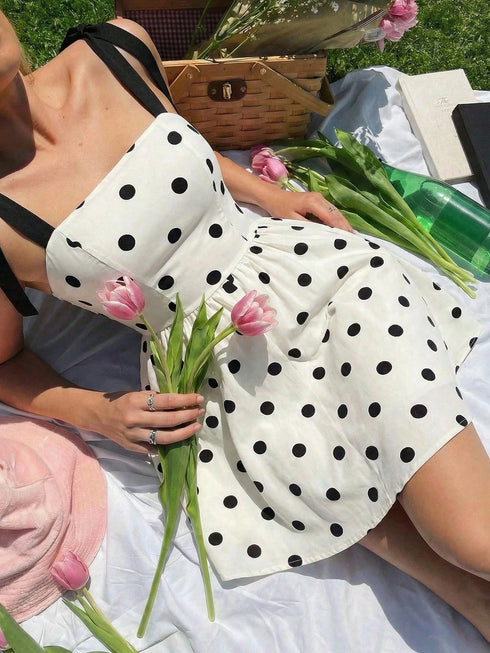 SHEIN MOD Women's Polka Dot Romantic Backless Tie-Up Bowknot Dress, Suitable For Dates