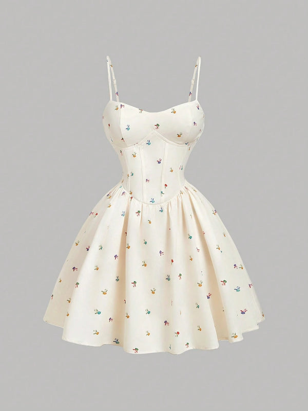 White dress with floral pattern on a gray background