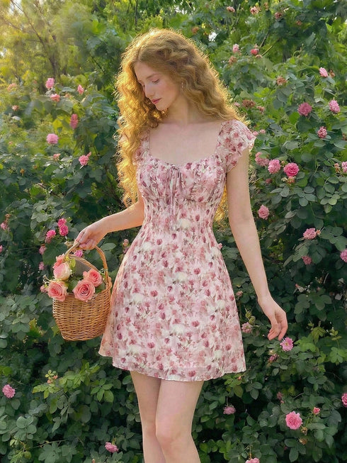 SHEIN MOD Women's Vintage Floral Print Knotted Chest Ruched Round Neckline Sleeveless Dress 00