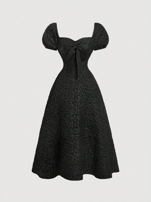 SHEIN MOD Women's Puff Sleeve Bowknot Textured Mid-Length Dress,Graduation Dress,Modest Dresses For Women