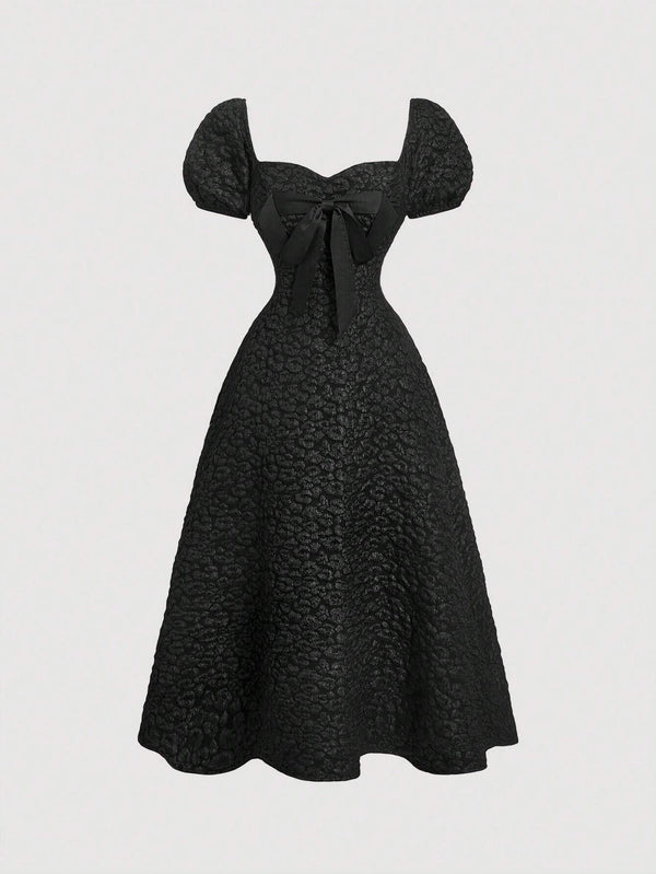 SHEIN MOD Women's Puff Sleeve Bowknot Textured Mid-Length Dress,Graduation Dress,Modest Dresses For Women