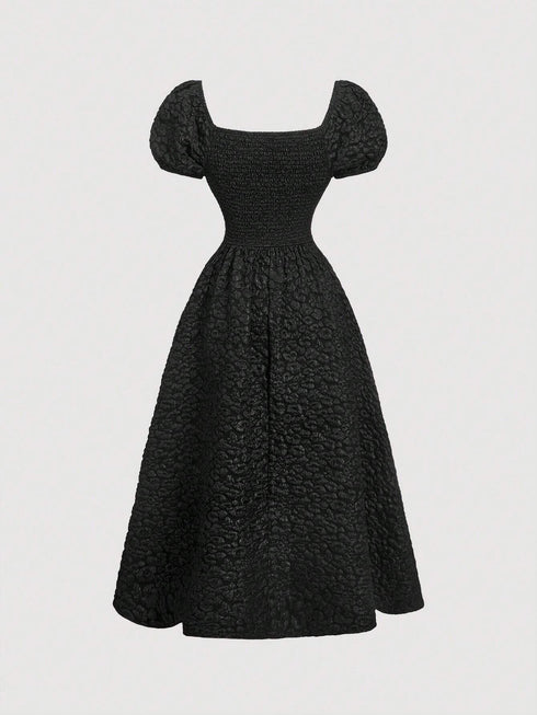 SHEIN Puff Sleeve Bowknot Textured Mid-Length Dress