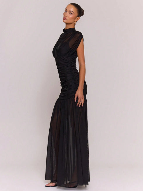 SHEIN MUSERA Mesh Underlay Pleated Maxi Dress Cosy Cute Casual Night Out Date Night Party Elegant0
