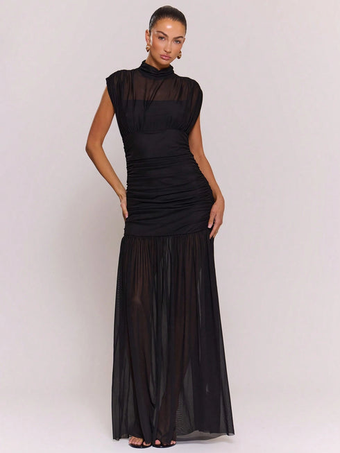SHEIN MUSERA Mesh Underlay Pleated Maxi Dress Cosy Cute Casual Night Out Date Night Party Elegant