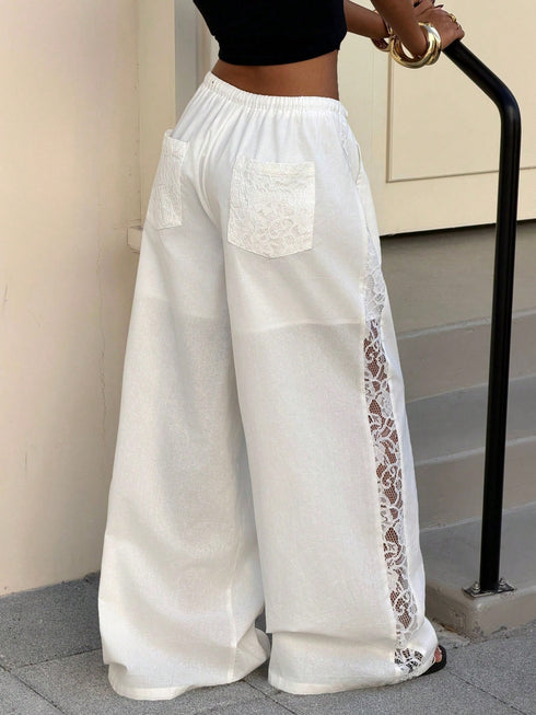 SHEIN Muchica White Woven Lace Patchwork Wide Leg Pants1