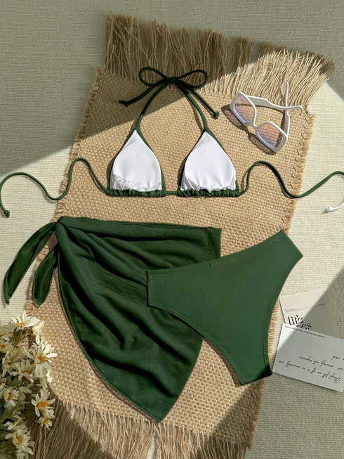 SHEIN Nevyona Women's Summer Beach Solid Color Halter Tie Sexy Bikini Swimsuit Set With Cover-Up And Skir