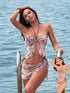 SHEIN New Sexy Floral Print Mesh Beaded 3-Piece Bikini Set, Halter Swimwear, Suitable For Beach, Pool Party, Spring/Summer0