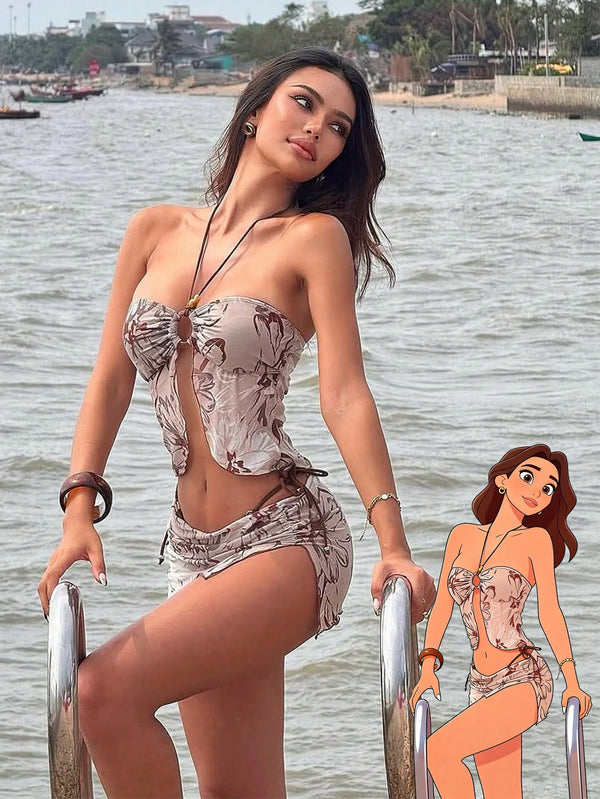 SHEIN New Sexy Floral Print Mesh Beaded 3-Piece Bikini Set, Halter Swimwear, Suitable For Beach, Pool Party, Spring/Summer
