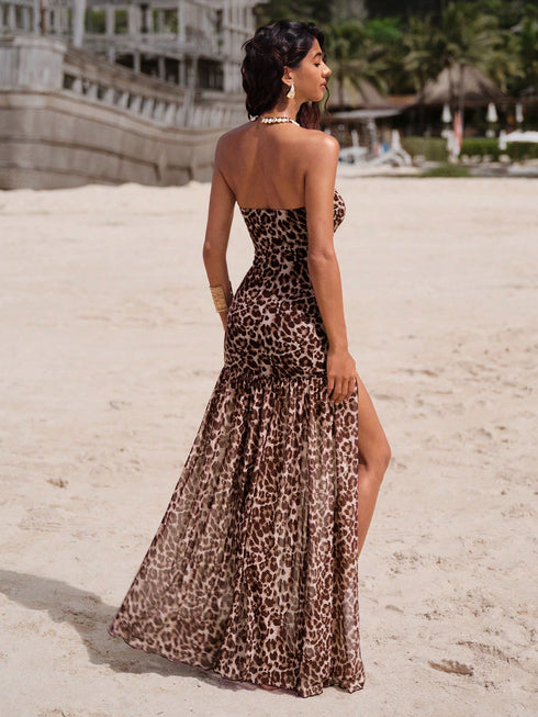 SHEIN Opulessa Knitted Mesh Leopard Pattern Strapless Slit Bodycon Women Long Dress, Suitable For Going 00