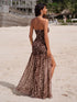 SHEIN Opulessa Knitted Mesh Leopard Pattern Strapless Slit Bodycon Women Long Dress, Suitable For Going 00
