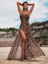 SHEIN Opulessa Knitted Mesh Leopard Pattern Strapless Slit Bodycon Women Long Dress, Suitable For Going