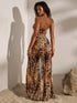 SHEIN Opulessa Women's Elegant Sexy Brown Leopard Ombre Fitted Knit See-Through Printed Long Maxi Halter0
