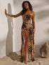 SHEIN Opulessa Women's Elegant Sexy Brown Leopard Ombre Fitted Knit See-Through Printed Long Maxi Halter1