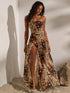 SHEIN Opulessa Women's Elegant Sexy Brown Leopard Ombre Fitted Knit See-Through Printed Long Maxi Halter