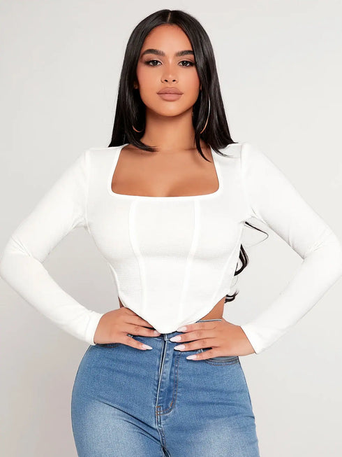 SHEIN PETITE Square Neck Asymmetrical Hem Spring Tee