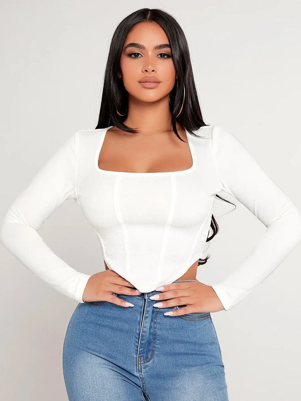 SHEIN PETITE Square Neck Asymmetrical Hem Spring Tee