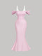 Pink evening gown with puff sleeves on a gray background