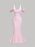 Pink evening gown with puff sleeves on a gray background