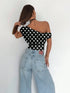 SHEIN Polka Dot Siren Gaze Women's Casual Elegant Asymmetric Ruched Cropped Top, Suitable For Summer1