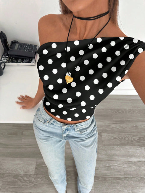 SHEIN Polka Dot Siren Gaze Women's Casual Elegant Asymmetric Ruched Cropped Top, Suitable For Summer