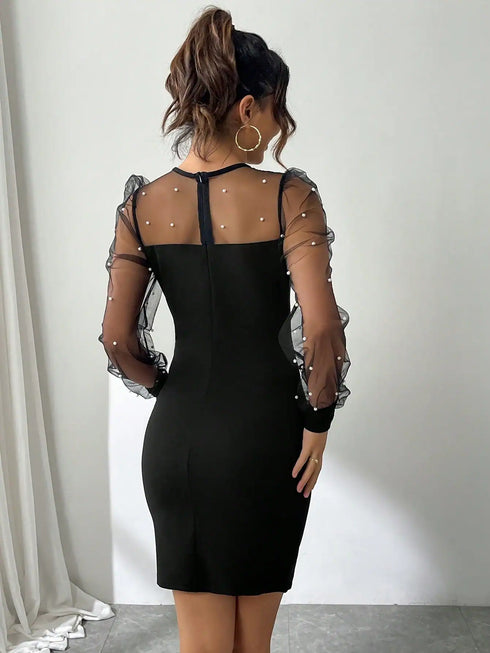 SHEIN Privé Contrast Mesh Lantern Sleeve Bodycon Dress