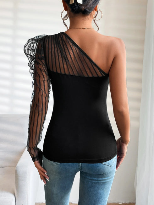 SHEIN Privé One Shoulder Contrast Mesh Gigot Sleeve Top0