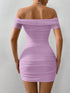 SHEIN Privé Women Open Shoulder Short Sleeve Beaded Ruched Bodycon Mini Dress00