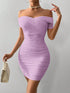 SHEIN Privé Women Open Shoulder Short Sleeve Beaded Ruched Bodycon Mini Dress0