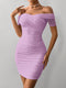 SHEIN Privé Women Open Shoulder Short Sleeve Beaded Ruched Bodycon Mini Dress