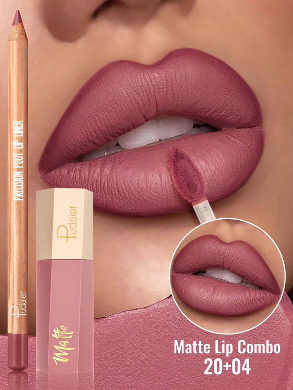 A close-up beauty ad showing a model's lips wearing a matte dusty rose lip color, with a lip pencil, a liquid lip product tube, and a circular inset of the lips. Text reads 'Matte Lip Combo 20+04'.