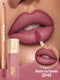 A close-up beauty ad showing a model's lips wearing a matte dusty rose lip color, with a lip pencil, a liquid lip product tube, and a circular inset of the lips. Text reads 'Matte Lip Combo 20+04'.
