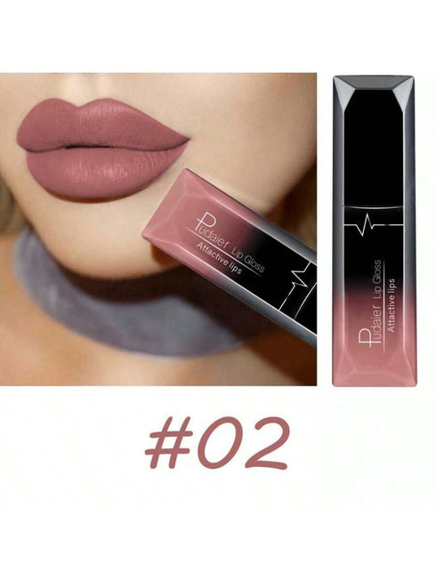 Lipstick with a close-up of lips wearing the shade, brand name visible