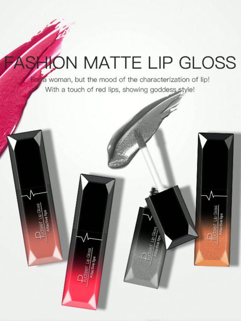 Fashion matte lip gloss with a white background and text.